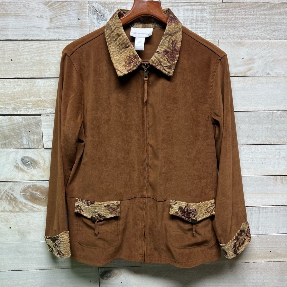 Susan Graver Floral Tapestry Jacket Medium Western Cowgirl Fringe Brown - Picture 2 of 13